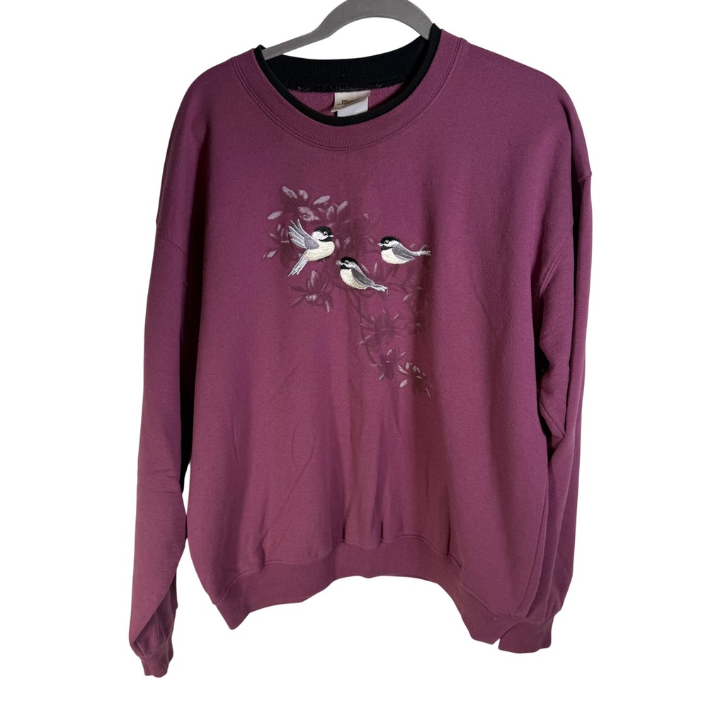 Pleasant Shade Women Embroidered Chickadee Bird Sweatshirt Purple Large Vintage